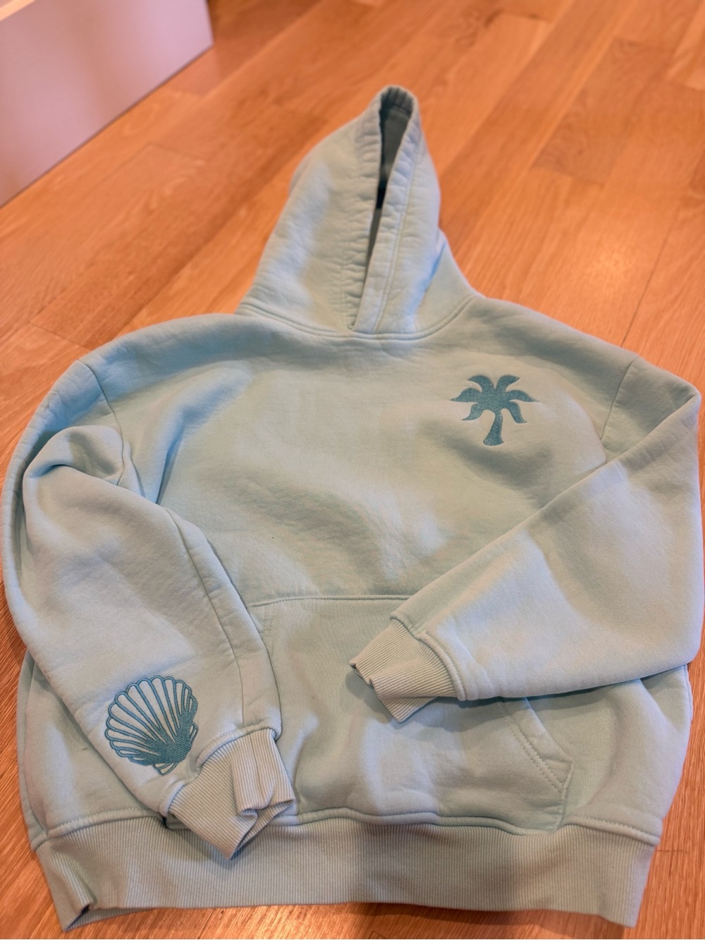 Light Aqua Women's Hoodie Sweater with Palm & Shell Motifs